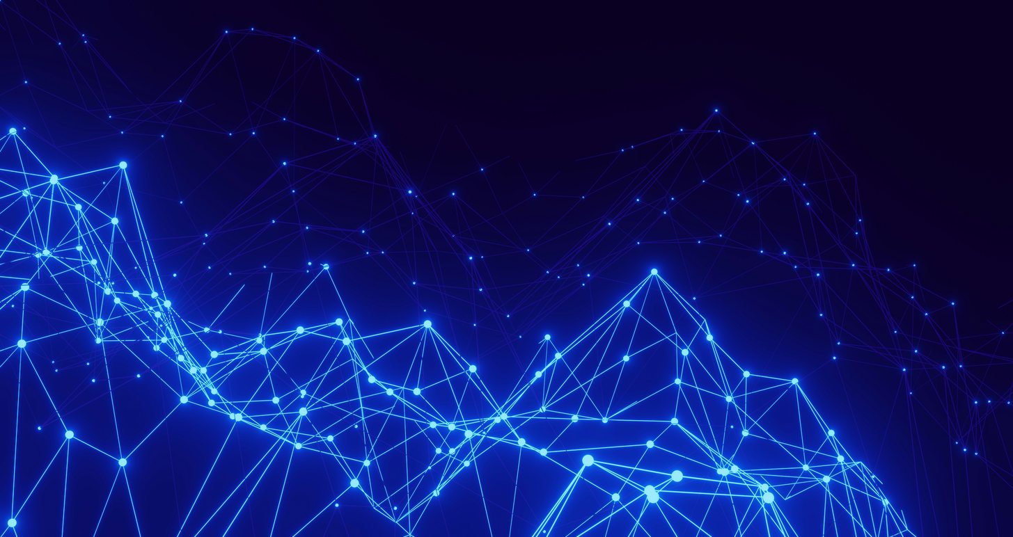 An abstract lattice of illuminated blue nodes and connecting lines against a dark ground