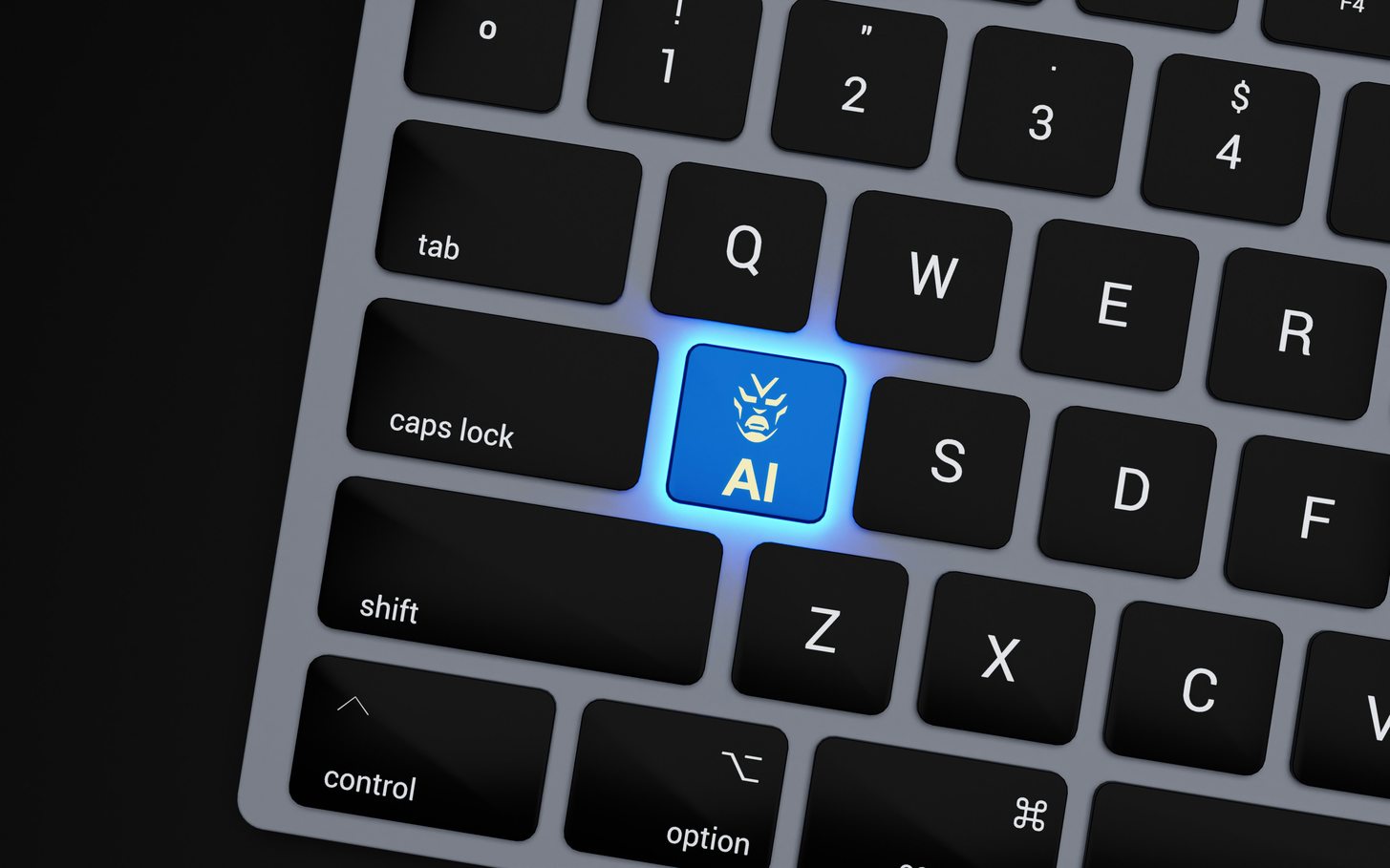 A laptop keyboard with a single key lit in blue and marked AI